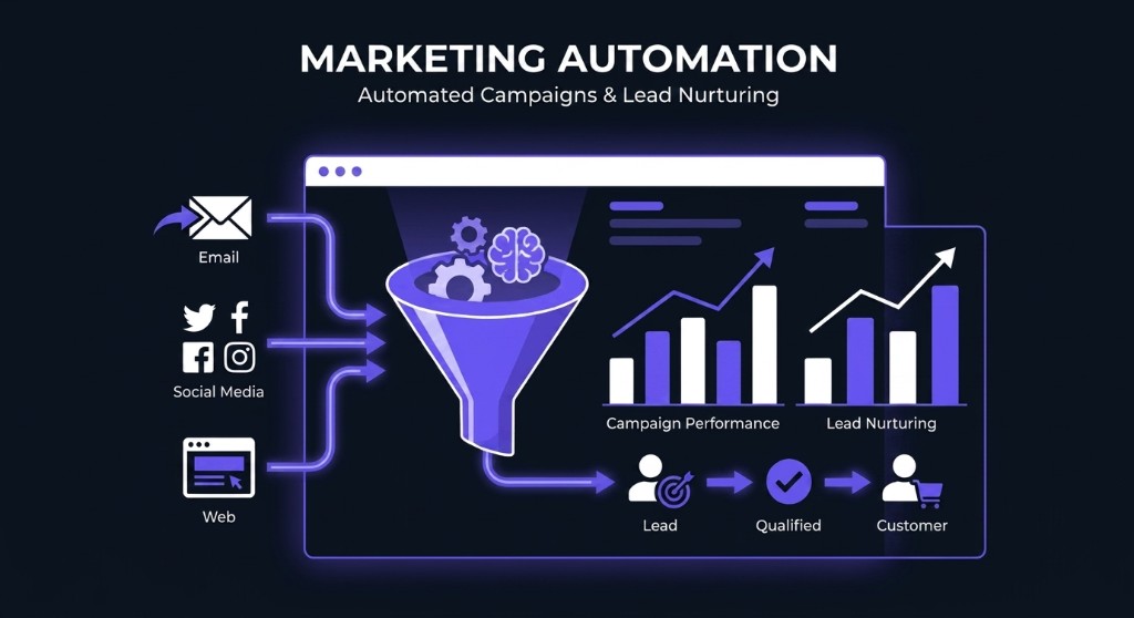 Illustration of marketing automation funnel connecting email, social, and web into a growth dashboard.