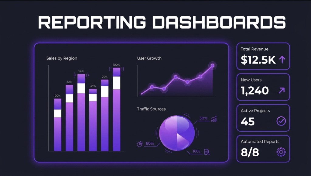 Reporting dashboard showing sales by region, user growth, traffic sources, and KPIs.